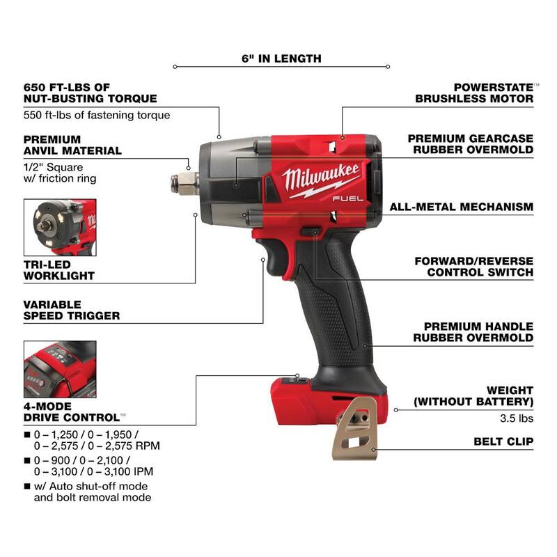 Llave de impacto inalámbrica sin escobillas Milwaukee M18 FUEL de 18 voltios con batería de 8Ah y cargador - 2967-20-2962-20-48-59-1880