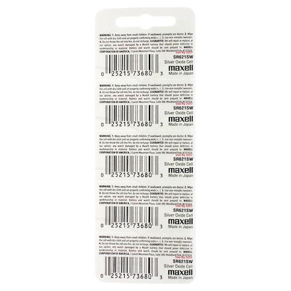Maxell Silver Oxide Watch Battery SR621SW Low Drain Replaces 364, PK 5 - SR621SW