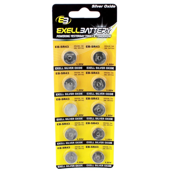 Exell Battery 10pk Exell Silver Oxide 1.55V Watch Battery Replaces SR43W 386 - EB-SR43