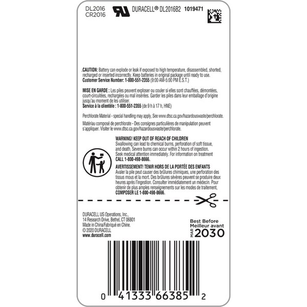 Duracell Duracell Lithium Coin 2016 3 V 0.09 mAh Medical Battery 2 pk - DL2016B2PK08