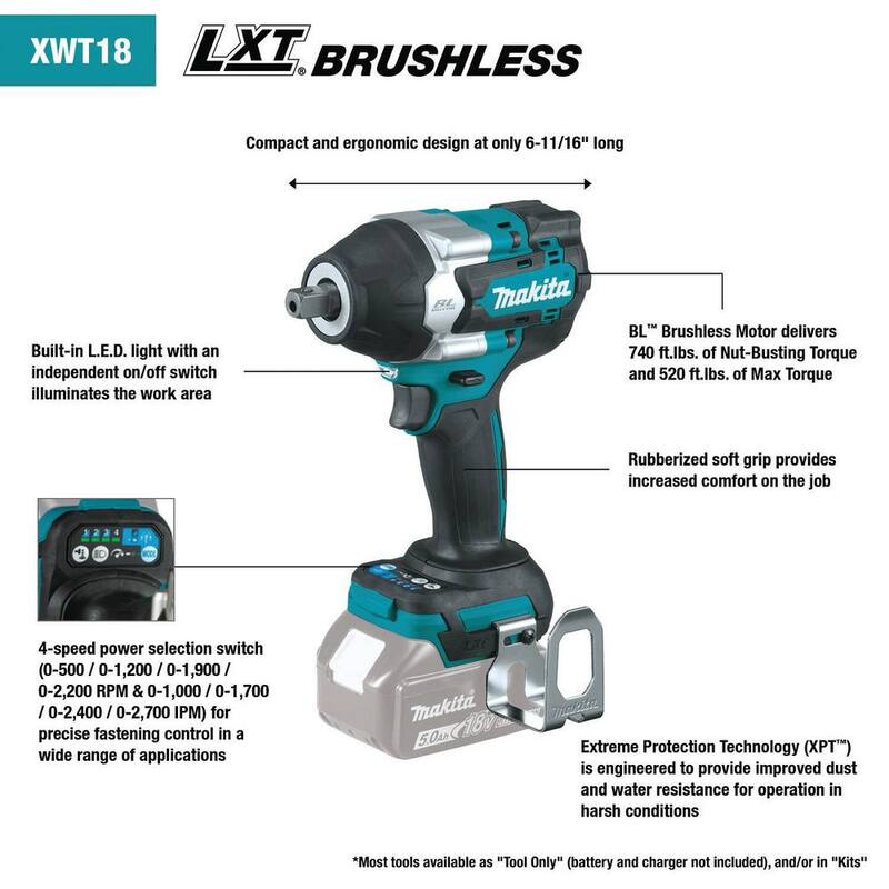 Llave de impacto inalámbrica sin escobillas de iones de litio LXT de 18V Makita de 4 velocidades y medio de torque con yunque de retención de 1/2 pulgadas (solo herramienta) - XWT18XVZ.