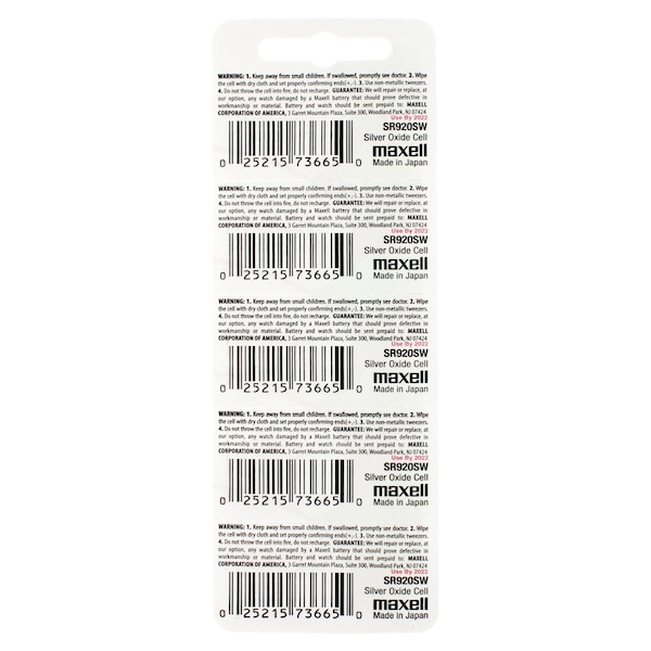 Maxell Silver Oxide Watch Battery SR920SW Low Drain Replaces 371, PK 5 - SR920SW