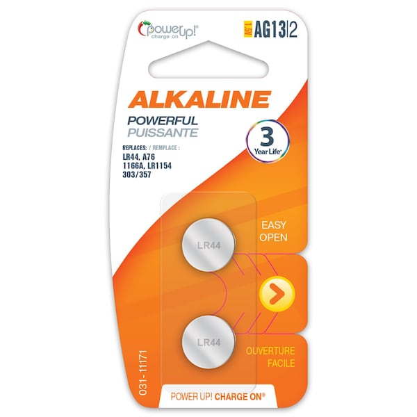 Power Up! Batteries Button Cell Alkaline AG13 1.5v, PK 2 - 031-11171