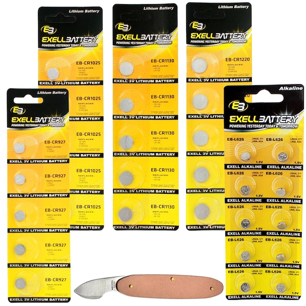 Exell Battery 31pc Essential Batteries Kit CR1025 CR1130 CR1220 CR927 L626 & Watch Opener - EB-KIT-124