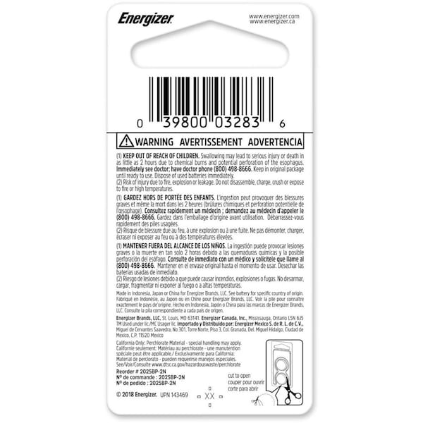 Energizer Energizer 2025 Lithium Coin Battery, 2 Pack - For Multipurpose - 3 V DC - 2 / Pack - 2025BP-2N