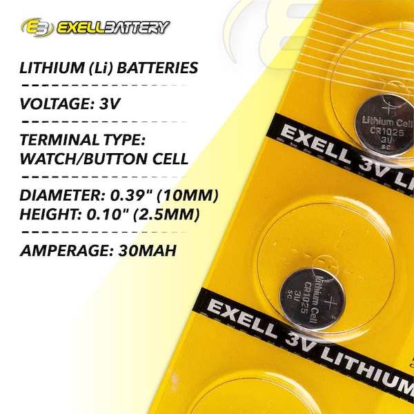 Exell Battery 5pack Exell 3V Lithium Coin Cell Battery Replaces DL1025 - EB-CR1025