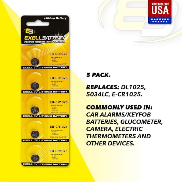 Exell Battery 5pack Exell 3V Lithium Coin Cell Battery Replaces DL1025 - EB-CR1025