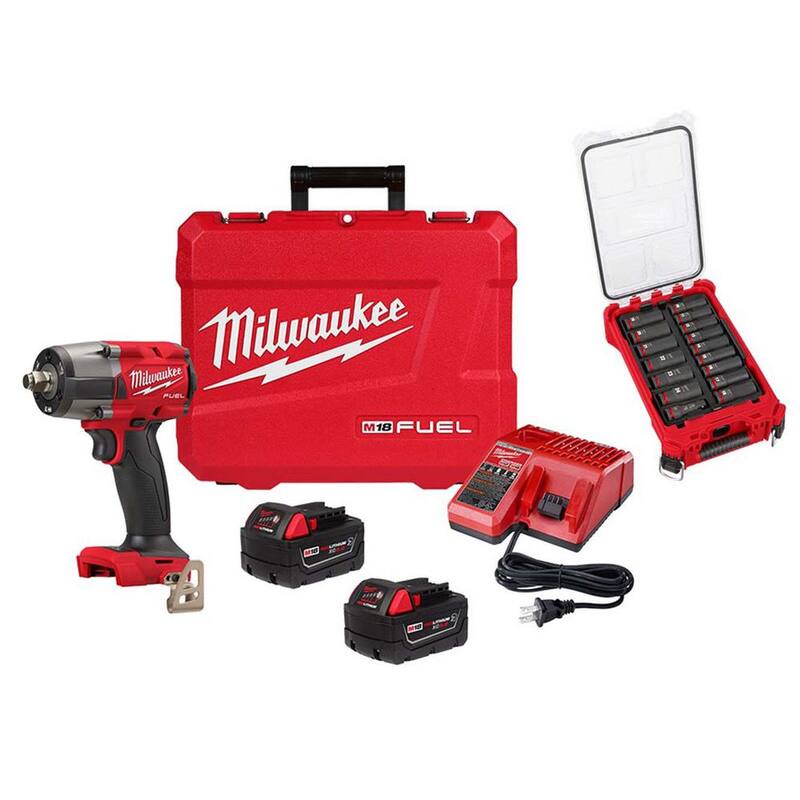 Llave de impacto inalámbrica Milwaukee M18 FUEL de 18V con sistema sin escobillas de litio de 1/2 pulgada de torque medio con anillo de fricción y juego de dados de impacto - 2962-22R-49-66-6803