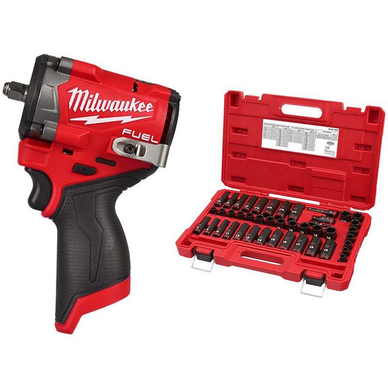 Llave de Impacto Inalámbrica Milwaukee M12 FUEL 12V de 3/8 pulgadas con Motor sin Escobillas y Batería de Iones de Litio, con Set de Puntas de Impacto de 3/8 pulgadas SHOCKWAVE (43 piezas) - 2562-20-49-66-7009