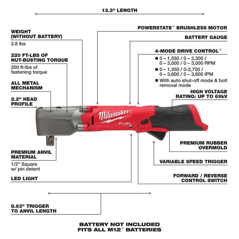 Milwaukee M12 FUEL 12V Lithium-Ion Brushless Cordless 1/2 in. Llave de Impacto Angular Derecha con Soporte de Luz Rocket M12 - 2565P-20-2132-20