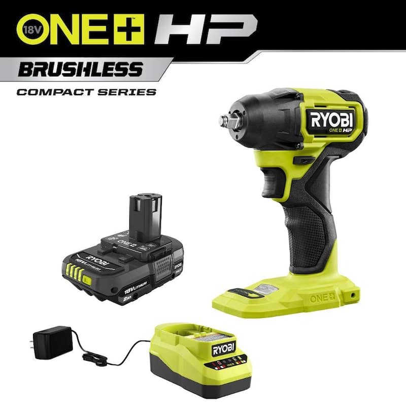 Llave de impacto compacta inalámbrica sin escobillas de 3/8 pulgadas RYOBI ONE+ HP 18V con batería de 2.0 Ah y cargador - PSBIW01B-PSK005