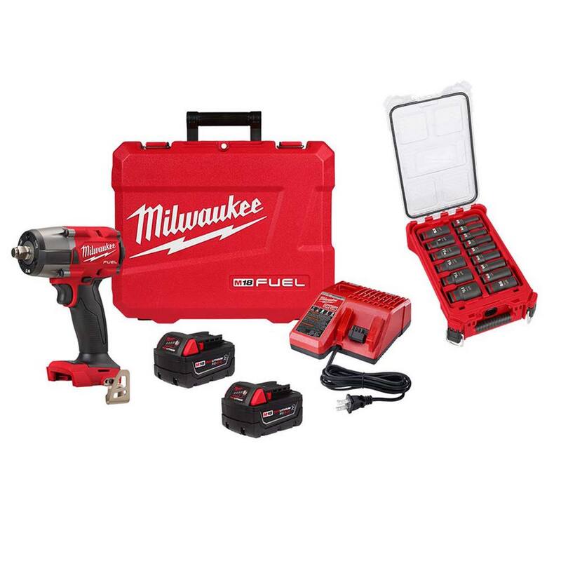 Juego de Llave de Impacto Inalámbrica Milwaukee M18 FUEL 18V de Iones de Litio sin Escobillas de 1/2 pulgadas Mid-Torque con Anillo de Fricción y Juego de Puntas de Impacto - 2962-22R-49-66-6802