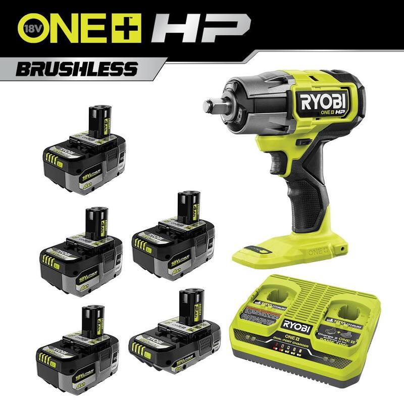 RYOBI ONE+ 18V HP Kit con (4) baterías de 4.0Ah, 1 batería de 2.0Ah, cargador de 2 puertos y llave de impacto sin escobillas de 4 modos y 1/2" ONE+ HP - PSK023-P262-PBP2004