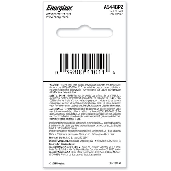 Energizer Alkaline Battery, A544 6V DC 1 PK - A544BPZ