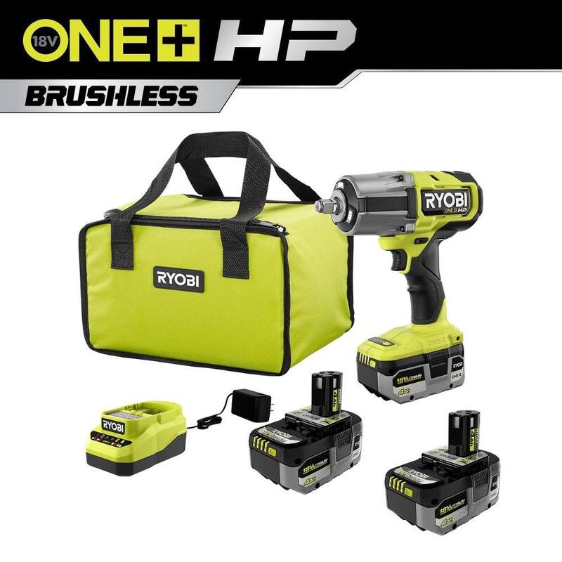 Kit de llave de impacto inalámbrica Ryobi ONE+ HP 18V Brushless de 1/2 pulg. de alto torque con (2) baterías de 4.0 Ah, cargador y batería de 4.0 Ah - PBLIW01K2-PBP004