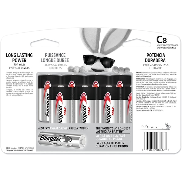 Energizer Zinc Manganese Dioxide (ZnMnO2) Battery, C 1.5 V DC 1 PK - E93BP-8H