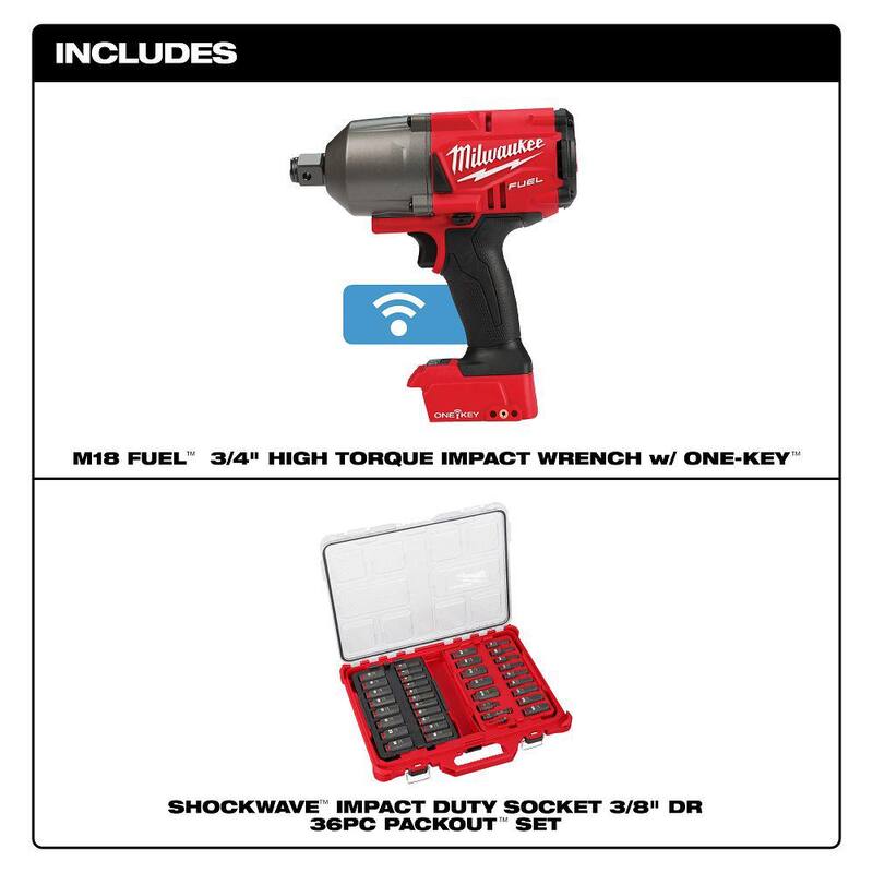 Llave de Impacto Inalámbrica sin Escobillas Milwaukee M18 FUEL ONE-KEY de 18V con 36 Piezas de Juego de Vasos Métricos y SAE 3/8 in. - 2864-20-49-66-6805