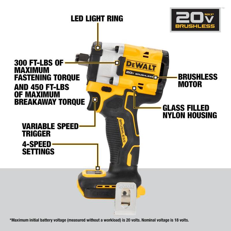 Llave de impacto inalámbrica compacta de iones de litio DEWALT ATOMIC 20V MAX de 1/2 pulg. con velocidad variable, con baterías de 5Ah y 1.7Ah y cargador - DCF921BWP315-2C