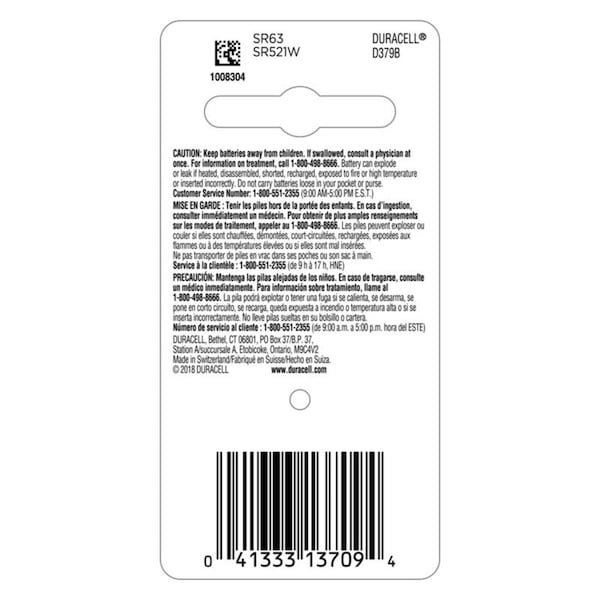 Duracell Duracell Silver Oxide 379 1.5 V 16 mAh Electronic/Watch Battery 1 pk - D379BPK