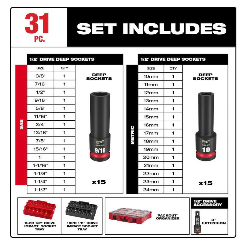 Llave de impacto inalámbrica de alto torque de 1/2 pulgadas con anillo de fricción y juego de vasos de impacto Milwaukee M18 FUEL 18V de iones de litio sin escobillas - 2966-22-49-66-6806