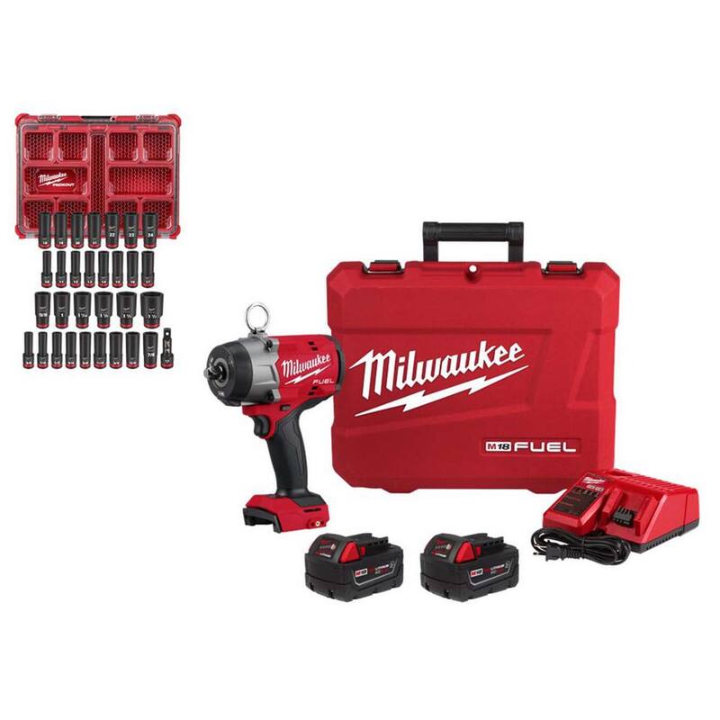 Llave de impacto inalámbrica de alto torque de 1/2 pulgadas con anillo de fricción y juego de vasos de impacto Milwaukee M18 FUEL 18V de iones de litio sin escobillas - 2966-22-49-66-6806