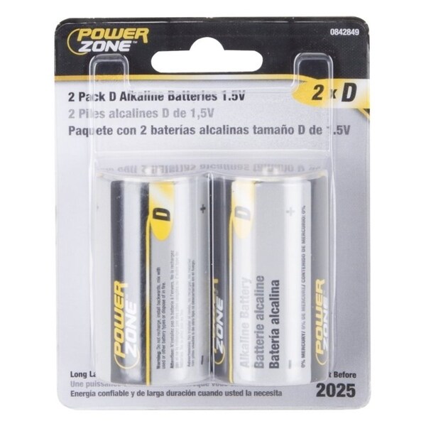 Powerzone Battery, 1.5 V Battery, D Battery, Zinc, Manganese Dioxide, and Potassium Hydroxide - LR20-2P-DB