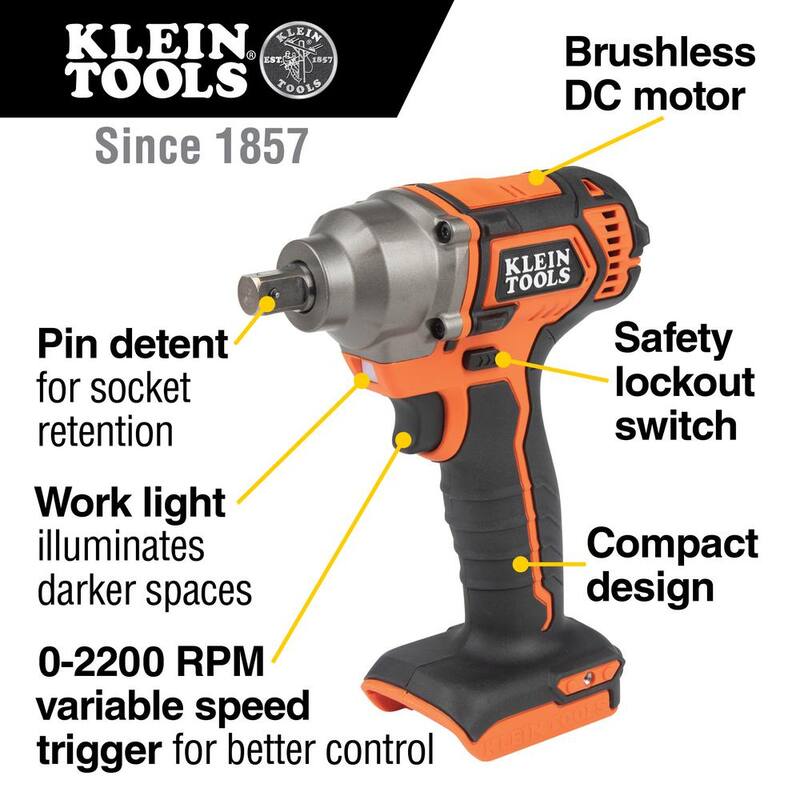 Llave de impacto compacta a batería de Klein Tools, 1/2 pulg. con pasador de retención, solo la herramienta - BAT20CW