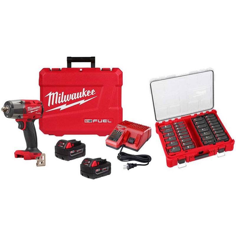 Juego de Llave de Impacto de Medio Torque Inalámbrica sin Escobillas de Iones de Litio de 18V M18 FUEL de Milwaukee con Estuche de Herramientas de 31 Piezas - 2962P-22R-49-66-6806
