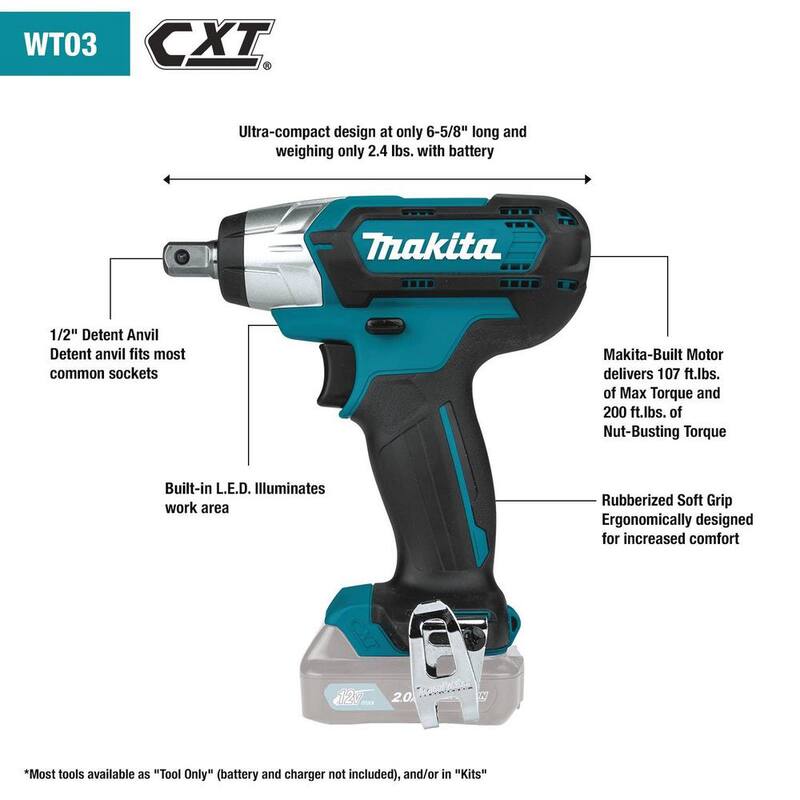 Llave de impacto inalámbrica Makita 12V max CXT de ion de litio de 1/2 pulgada, solo herramienta - WT03Z