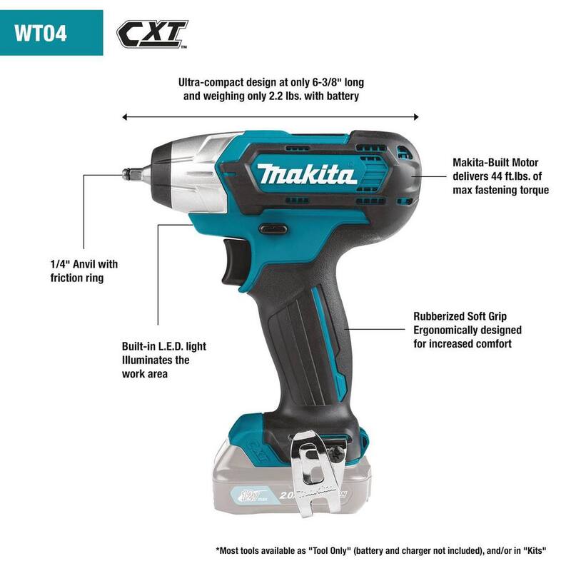 Kit de Llave de Impacto Inalámbrica de 1/4 de pulgada de 12V max CXT 2.0 Ah de Ion de Litio - WT04R1