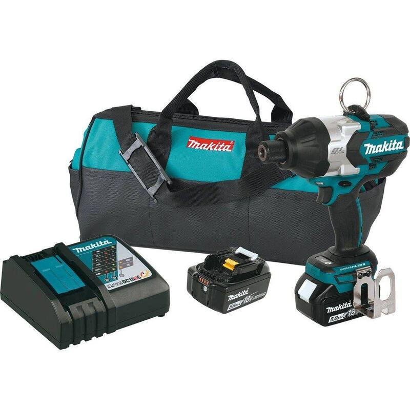 Juego de llave de impacto inalámbrica de alto torque con mandril hexagonal de 7/16 pulgadas y batería de iones de litio LXT de 18V sin escobillas de Makita, con (2) baterías de 5.0Ah y bolsa - XWT09T