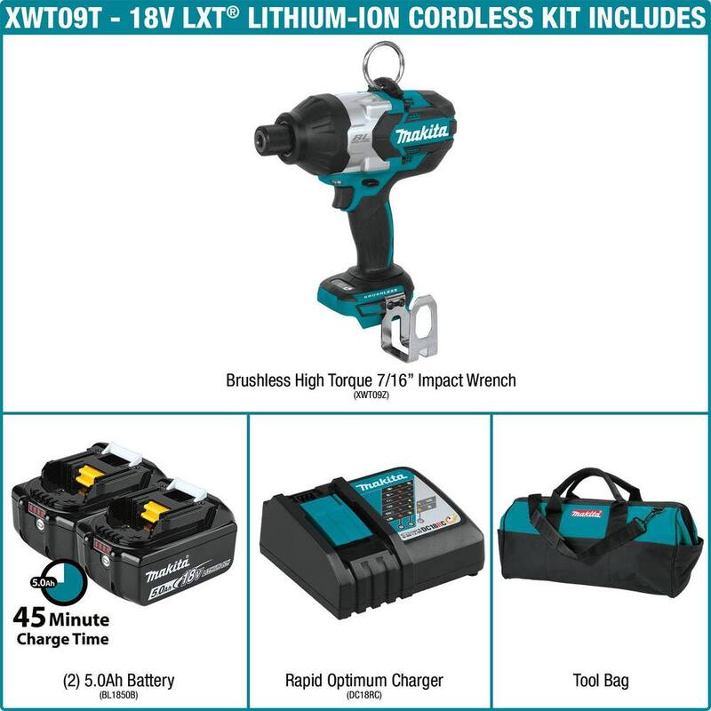 Juego de llave de impacto inalámbrica de alto torque con mandril hexagonal de 7/16 pulgadas y batería de iones de litio LXT de 18V sin escobillas de Makita, con (2) baterías de 5.0Ah y bolsa - XWT09T