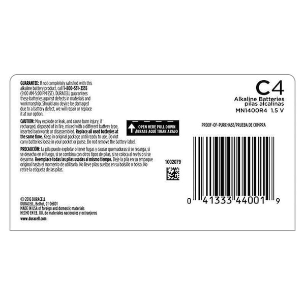 Duracell Alkaline Battery, C 1.5V DC 1 PK - MN1400R4ZX