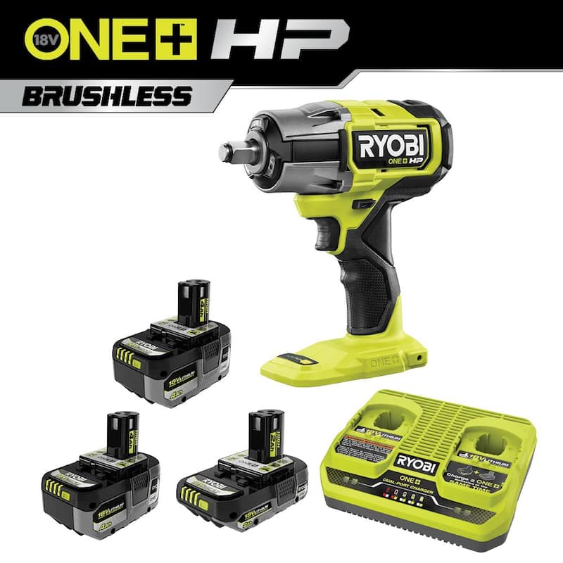 Kit de alto rendimiento RYOBI ONE+ 18V con (2) baterías de 4.0 Ah, batería de 2.0 Ah, cargador de 2 puertos y llave de impacto sin escobillas ONE+ HP - PSK023-P262