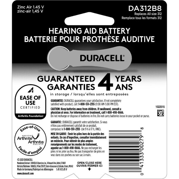 Duracell Duracell Zinc Air 312 1.4 V 185 mAh Hearing Aid Battery 8 pk - DA312B8ZM09