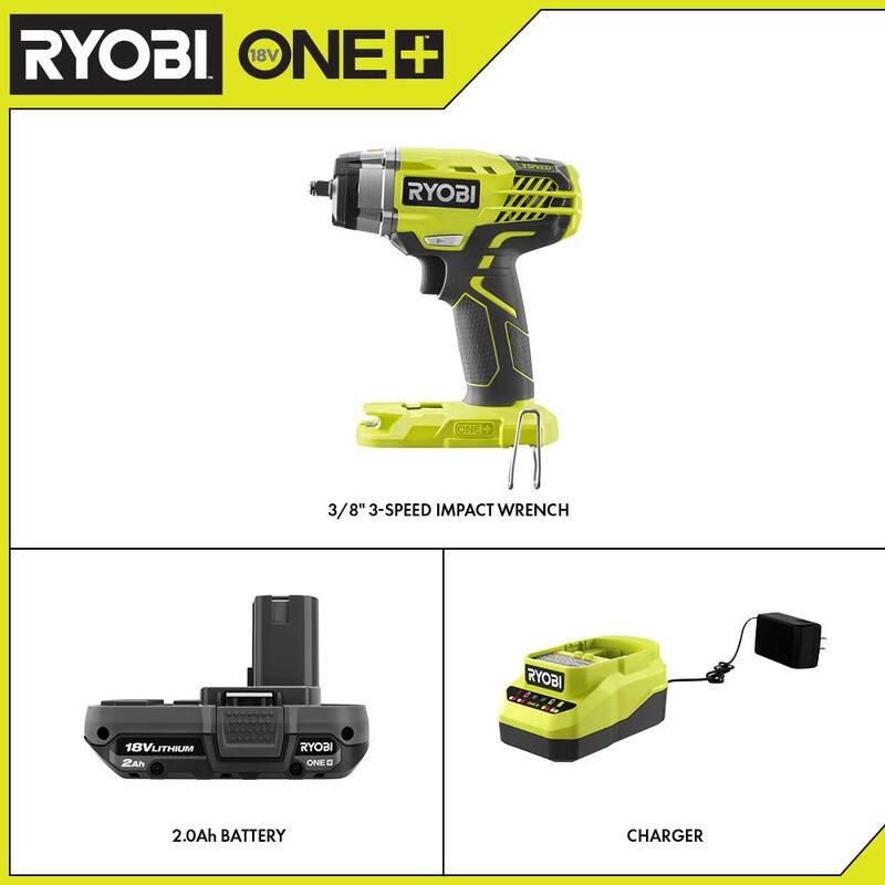 Llave de impacto inalámbrica de 3/8 pulgadas y 3 velocidades RYOBI ONE+ 18V con batería de 2.0 Ah y cargador - P263-PSK005
