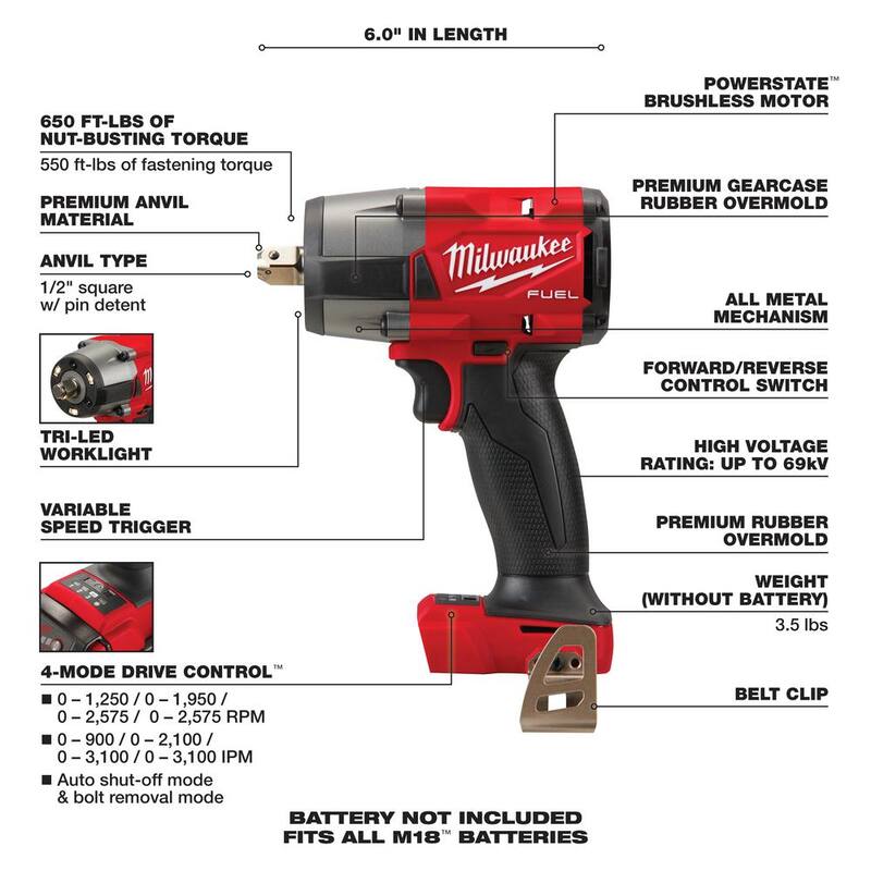 Llave de impacto inalámbrica Milwaukee M18 FUEL GEN-2 de 18V con diseño de torque medio sin escobillas de 1/2 pulgadas con retén de pasador y cubierta - 2962P-20-49-16-2960