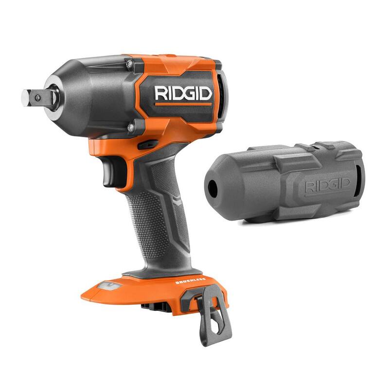 Llave de impacto inalámbrica sin escobillas RIDGID de 18V y 4 modos con detención de pasador de 1/2 pulg. de torque medio (herramienta solamente) y cubierta protectora - R86012PDB-AC13B01N