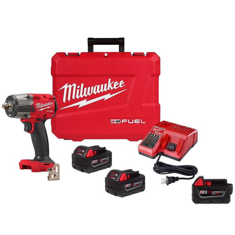 Llave de impacto inalámbrica Milwaukee M18 FUEL de 18 voltios de ion de litio sin escobillas de 1/2 pulg. con torque medio y juego de detent P, (3) baterías resistentes - 2962P-22R-48-11-1850R