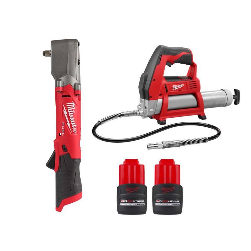 Milwaukee M12 FUEL Llave de impacto angular recta inalámbrica de 12 voltios de 3/8 pulgadas con pistola de grasa inalámbrica M12 y (2) paquetes de batería M12 HO de 2.5 Ah - 2564-20-2446-20-48-11-2425-48-11-2425