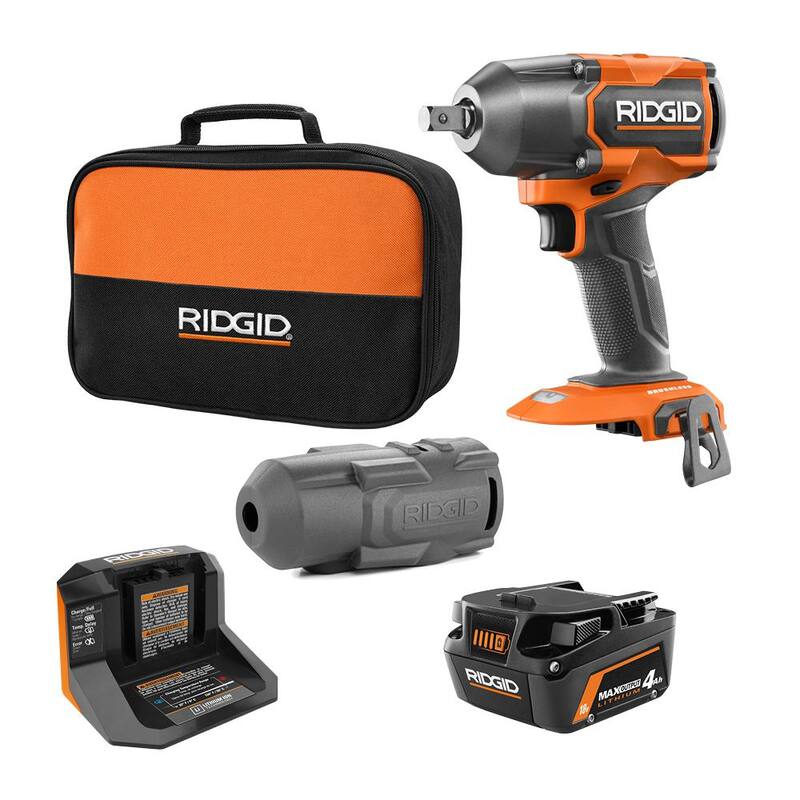 Juego de Llave de Impacto Inalámbrica RIDGID 18V Brushless de 1/2 pulgadas con 4 Modos de Torque Medio con Batería de 4.0 Ah y Cargador y Cubierta Protectora - R86012PDK-AC13B01N