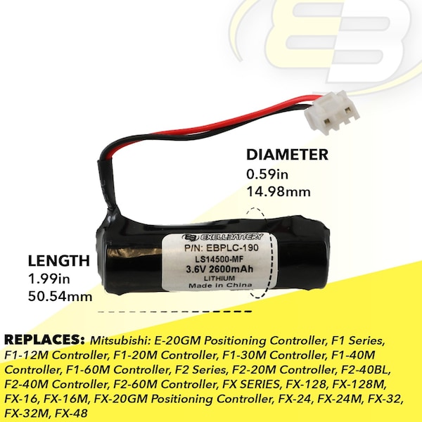 Exell Battery 3.6V Lithium PLC Computer Backup Battery Replaces Dantona COMP-190 - EBPLC-190
