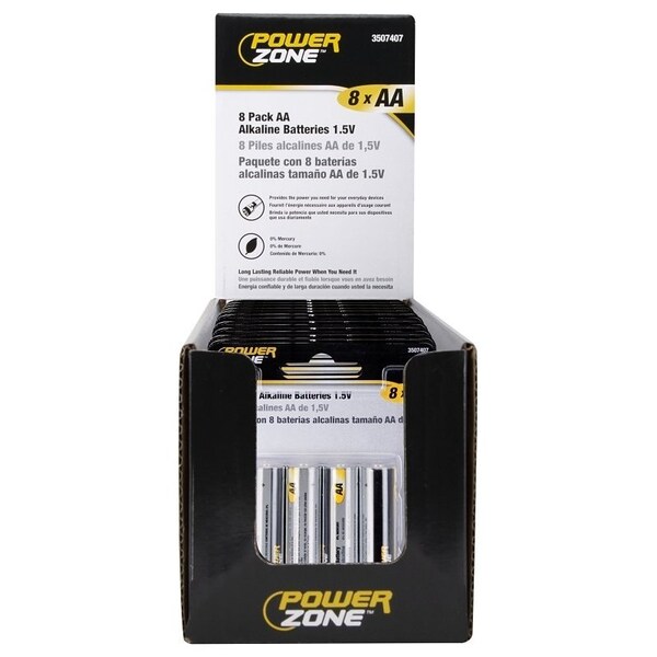 Powerzone Battery, 1.5 V Battery, AA Battery, Zinc, Manganese Dioxide, and Potassium Hydroxide - LR6-8P-DB