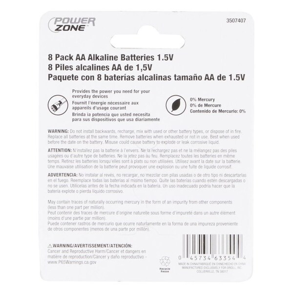 Powerzone Battery, 1.5 V Battery, AA Battery, Zinc, Manganese Dioxide, and Potassium Hydroxide - LR6-8P-DB