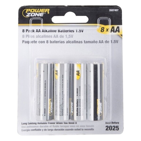 Powerzone Battery, 1.5 V Battery, AA Battery, Zinc, Manganese Dioxide, and Potassium Hydroxide - LR6-8P-DB