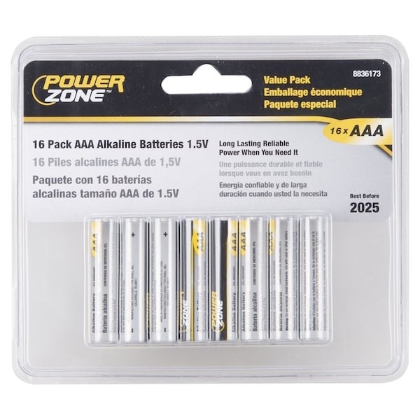 Powerzone Battery, 1.5 V Battery, AAA Battery, Zinc, Manganese Dioxide, and Potassium Hydroxide - LR03-16P