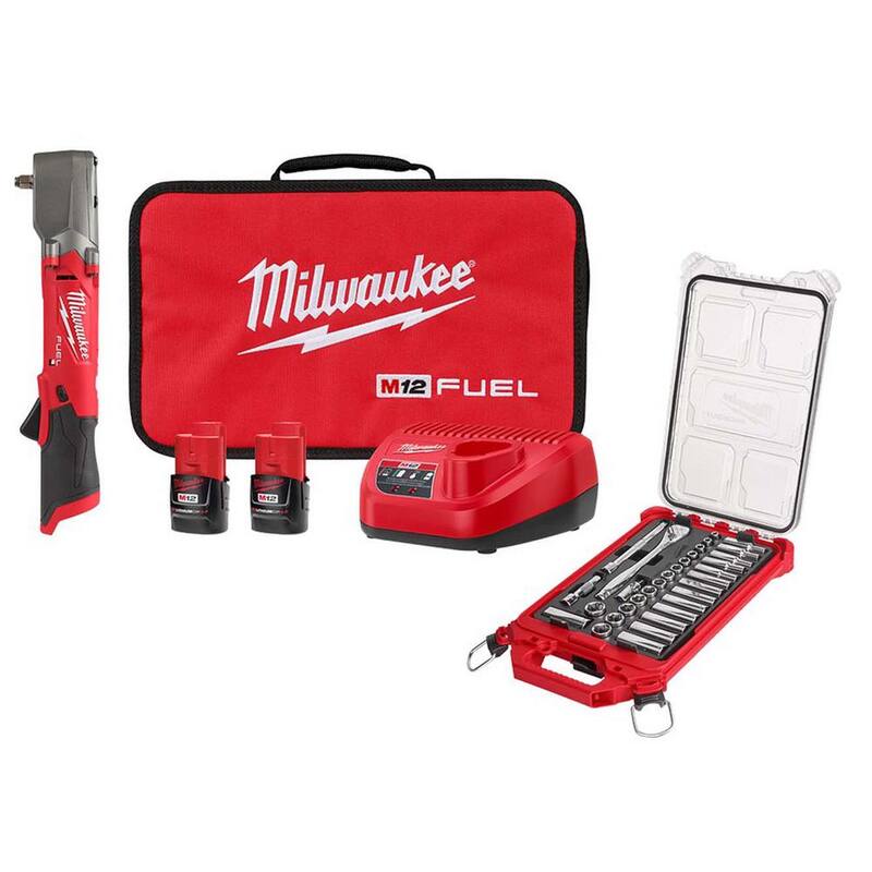 Juego de llaves de impacto angular derecho Milwaukee M12 FUEL 12V de 3/8 pulgadas inalámbrico de iones de litio con juego de ratchet y set de mecánica de socket de 3/8 pulgadas - 2564-22-48-22-9482.
