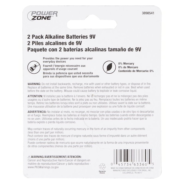 Powerzone Battery, 9 V Battery, Zinc, Manganese Dioxide, and Potassium Hydroxide - 6LR61-2P-DB
