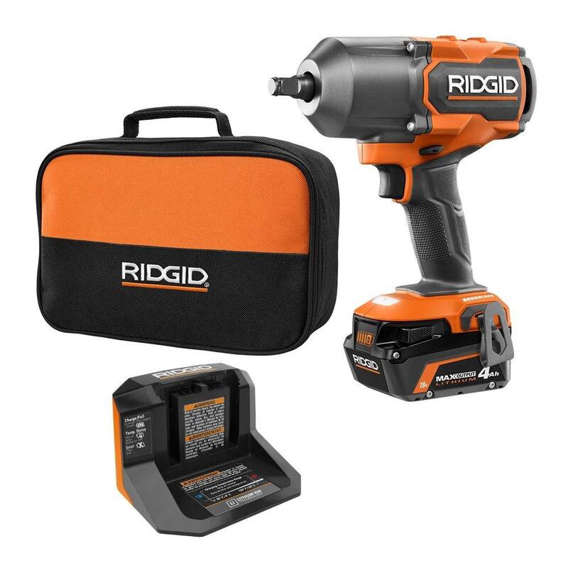 Juego de llave de impacto inalámbrica RIDGID 18V sin escobillas de 1/2 pulgadas de alto torque con batería de 4.0 Ah, cargador y funda protectora - R86212KN-AC13B07