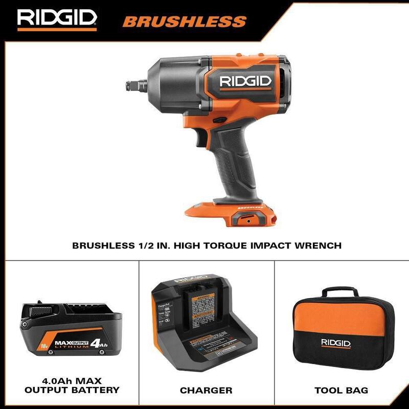 Juego de llave de impacto inalámbrica RIDGID 18V sin escobillas de 1/2 pulgadas de alto torque con batería de 4.0 Ah, cargador y funda protectora - R86212KN-AC13B07